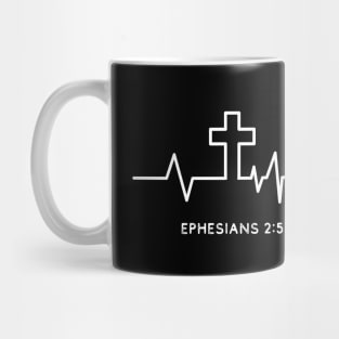 Heartbeat with the cross, He made us alive with Christ from Ephesians 2:5. white text Mug